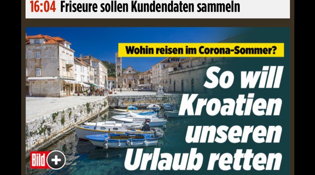Hrvatska je "Corona free", tvrdi u udarnoj vijesti Bild, najnakladnija njemačka medijska platforma čiji je glavni urednik pred koji dan razapeo Kinu na križ
