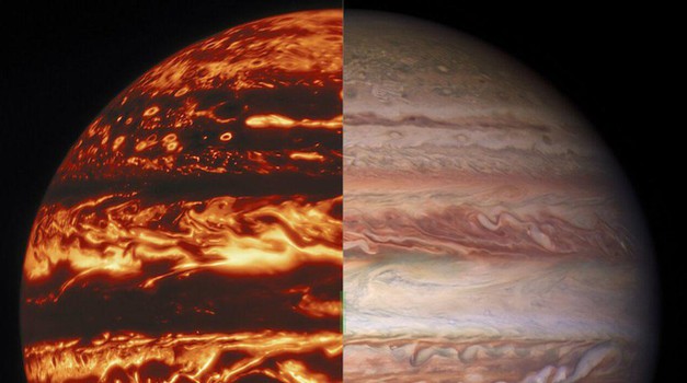 Jupiter v infrardeči svetlobi (levo) teleskopa Gemini North in v vidni svetlobi (desno vesoljskega teleskopa Hubble