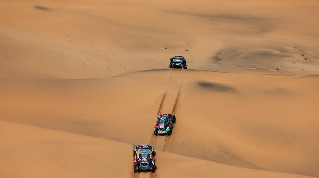 Nasser Al-Attiyah and Edouard Boulanger on their Dacia Sandrider of the Dacia Sandriders followed by another competitor and Seth Quintero and Dennis Zenz on their Toyota GR DKR Hilux of the Toyota Gazoo Racing, during the Stage 8 of the Dakar 2025 on January 12, 2025 between Al Duwadimi and Riyadh, Saudi Arabia